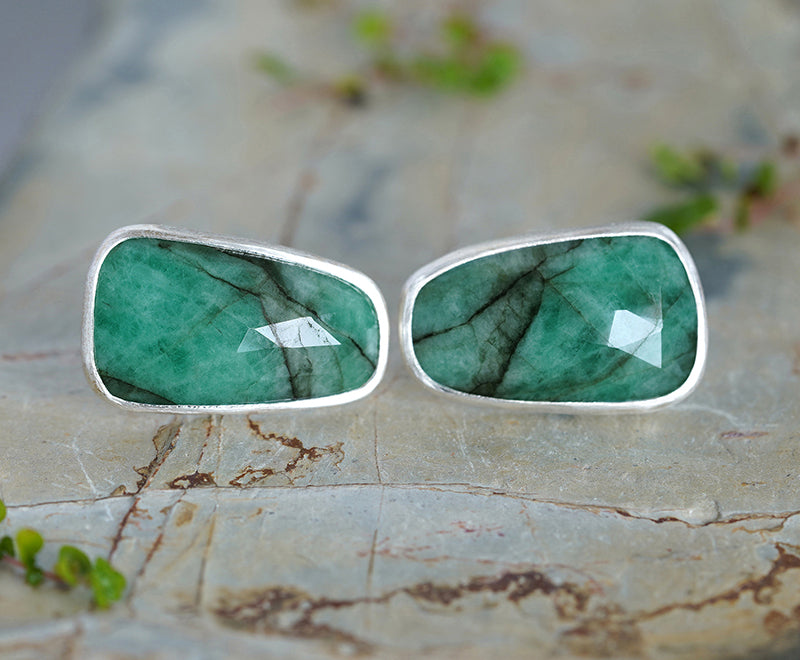 Natural Emerald Cufflinks in Sterling Silver by Huiyi Tan
