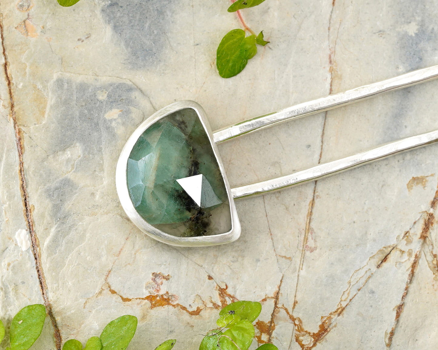 Fan Shaped Emerald Hair Stick in Solid Sterling Silver