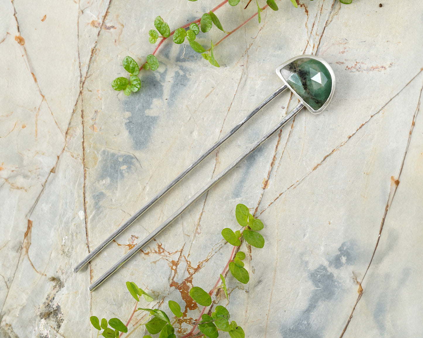 Fan Shaped Emerald Hair Stick in Solid Sterling Silver