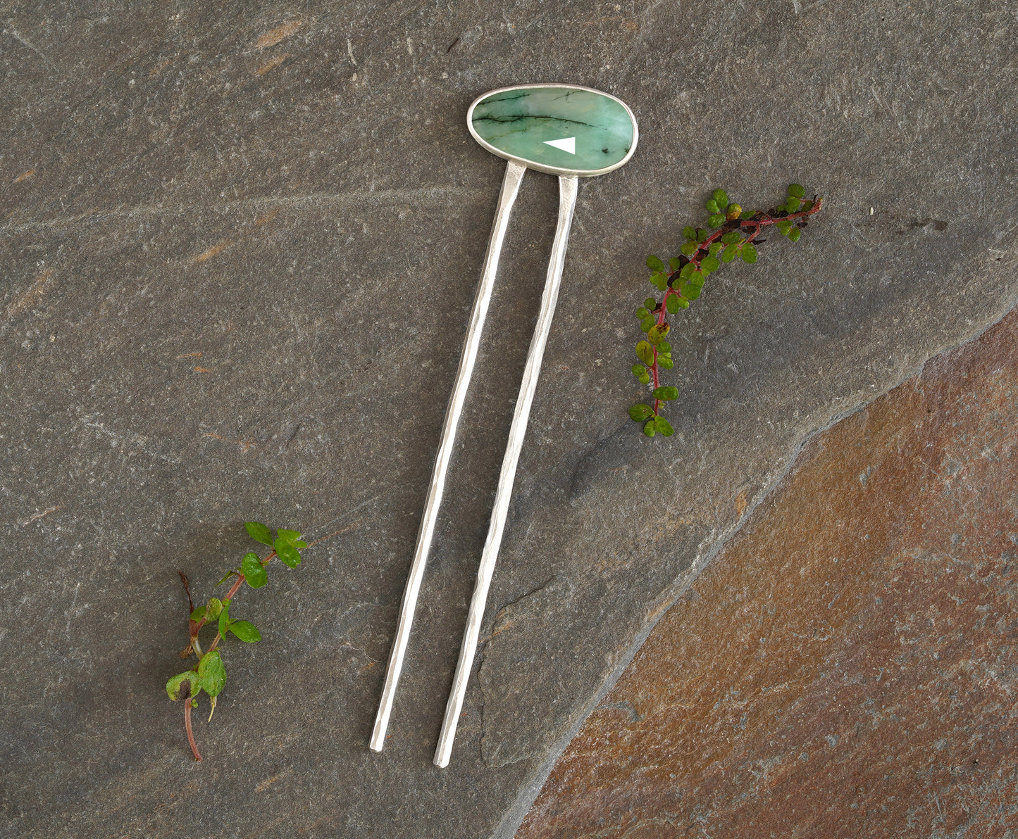 Oval Emerald Hair Stick in Solid Sterling Silver