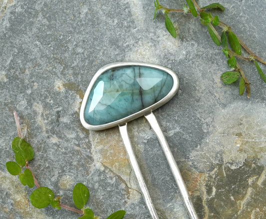 4.8ct Natural Emerald Hair Pin in Solid Sterling Silver
