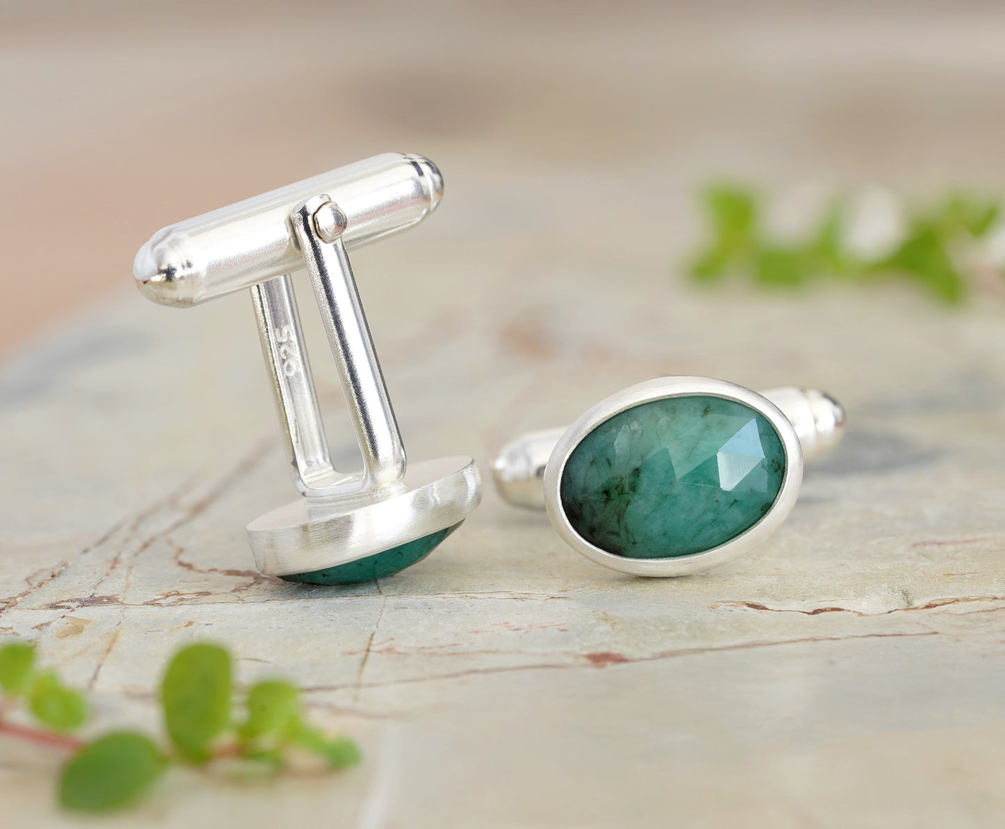 5ct Natural Emerald Cufflinks in Sterling Silver, Oval Gemstone Cufflinks