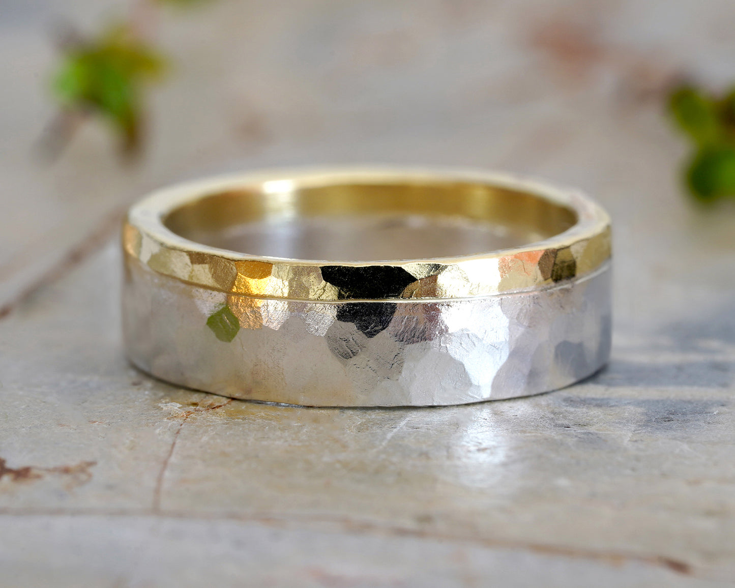 Hammered Effect Wedding Band in 18ct Yellow Gold and Sterling Silver, Mixed Metal Wedding Band,  Rustic Wedding Ring, Unisex Wedding Band