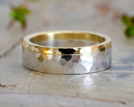 Hammered Effect Wedding Band in 18ct Yellow Gold and Sterling Silver, Mixed Metal Wedding Band,  Rustic Wedding Ring, Unisex Wedding Band