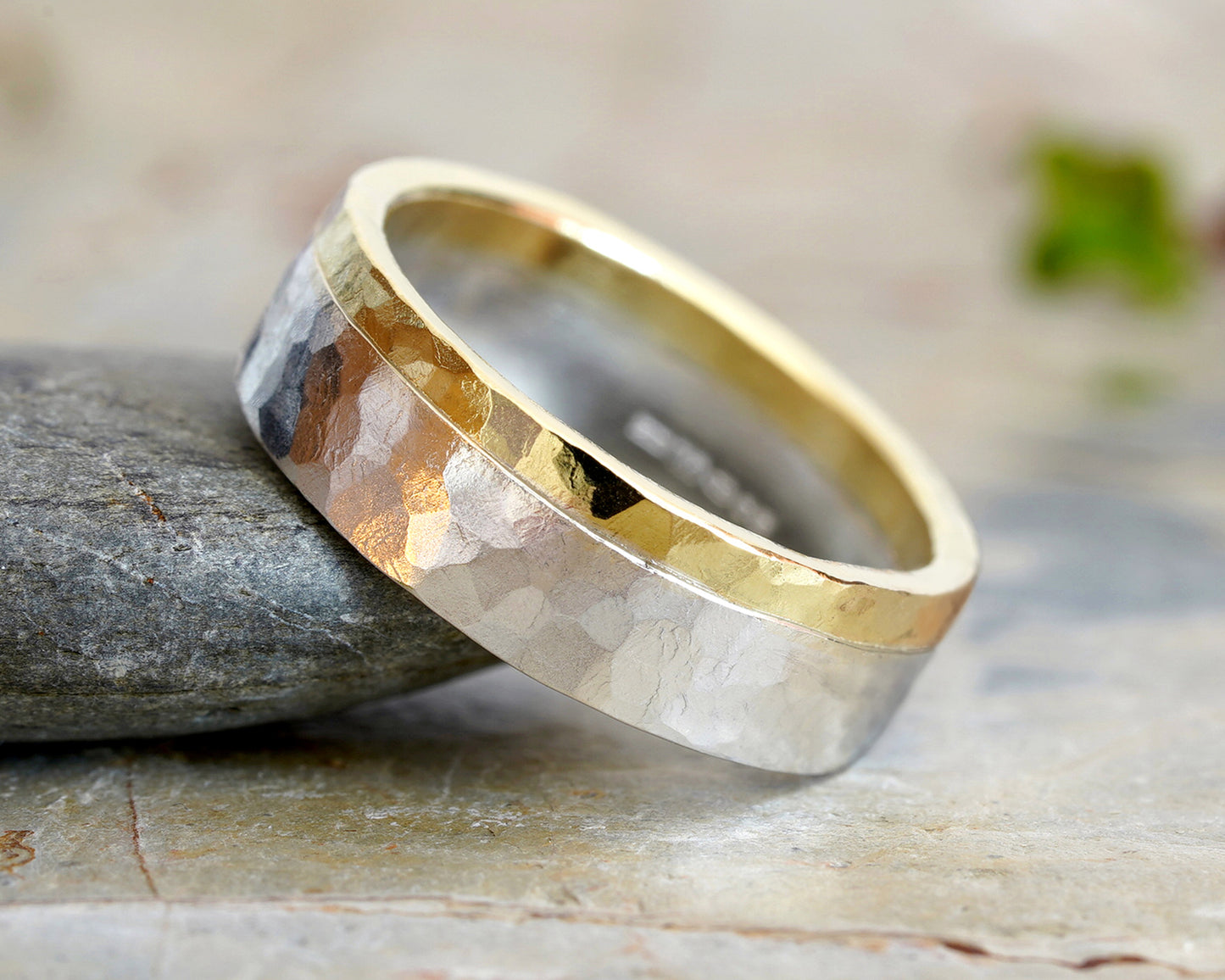 Hammered Effect Wedding Band in 18ct Yellow Gold and Sterling Silver, Mixed Metal Wedding Band, Rustic Wedding Ring, Unisex Wedding Band