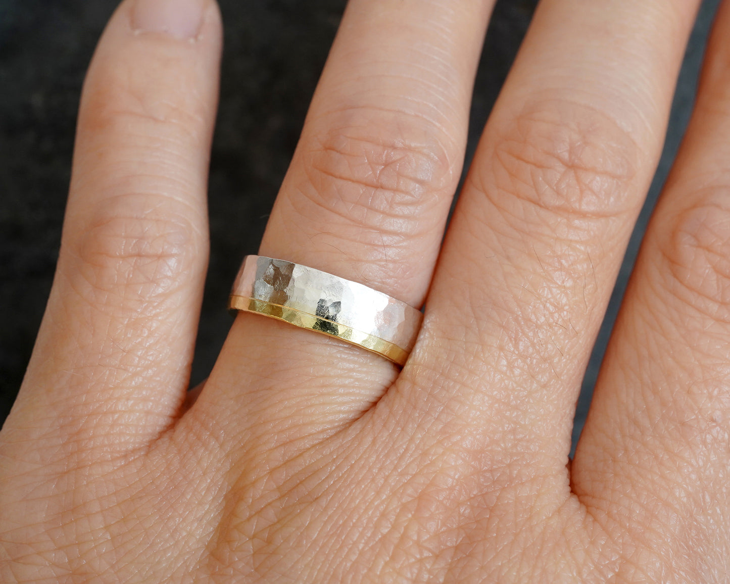 Hammered Effect Wedding Band in 18ct Yellow Gold and Sterling Silver, Mixed Metal Wedding Band, Rustic Wedding Ring, Unisex Wedding Band