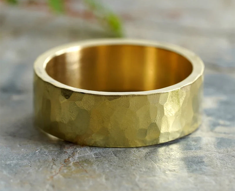 7mm Wide Hammered Effect Wedding Band, Yellow Gold Wedding Ring