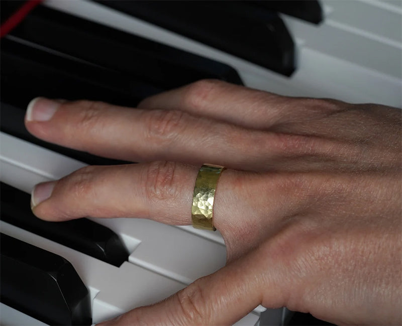 7mm Wide Hammered Effect Wedding Band, Yellow Gold Wedding Ring