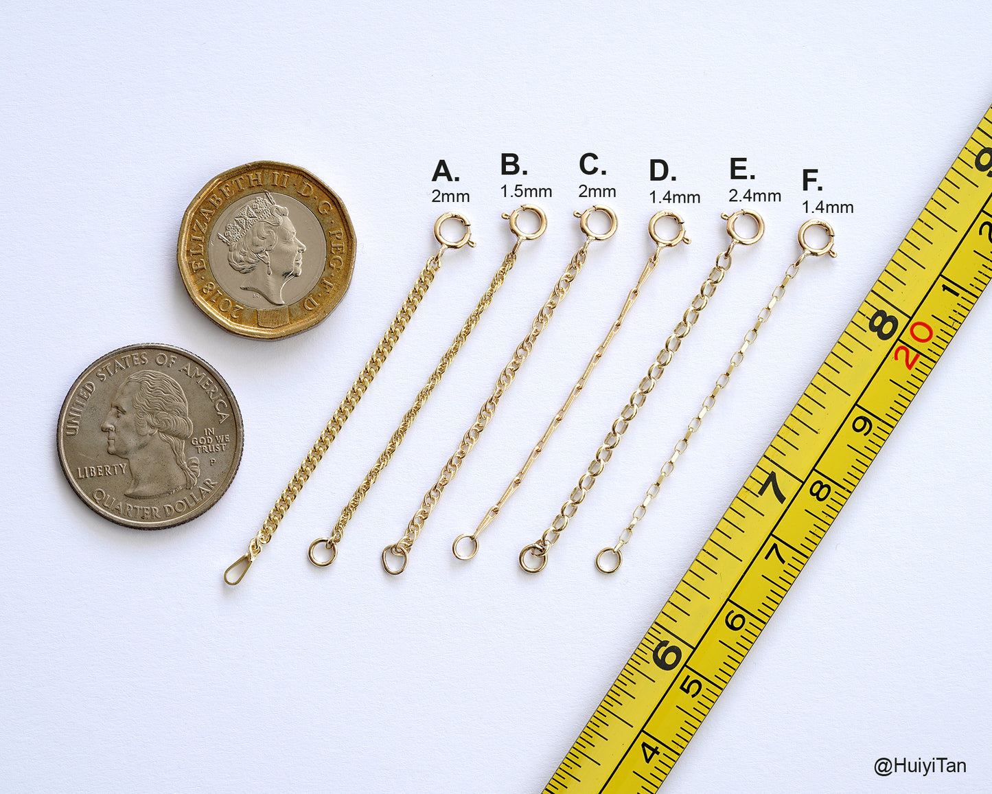 Chain Extender in Solid 9ct Yellow Gold Curb, Belcher, Rope and Barleycorn