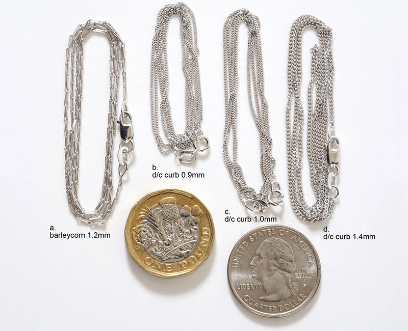 9k White Gold Chain, Barleycorn, Diamond Cut Curb, Spiga, Rope, Diamond Cut Belcher, Belcher, Trace