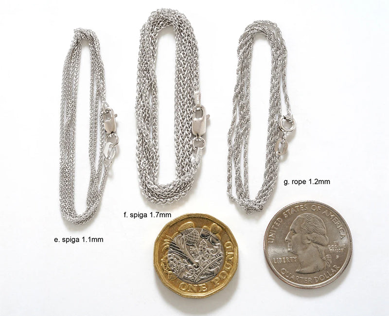 9k White Gold Chain, Barleycorn, Diamond Cut Curb, Spiga, Rope, Diamond Cut Belcher, Belcher, Trace