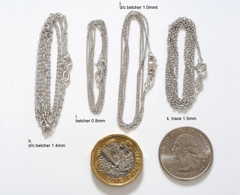 9k White Gold Chain, Barleycorn, Diamond Cut Curb, Spiga, Rope, Diamond Cut Belcher, Belcher, Trace
