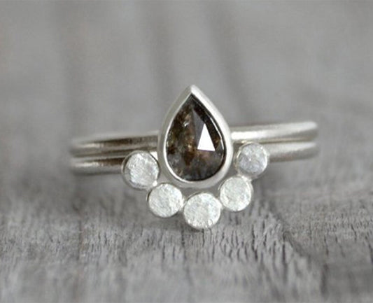 Black Diamond Bridal Ring Set, Diamond Engagement Ring with Contour Wedding Ring