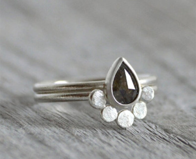Black Diamond Bridal Ring Set, Diamond Engagement Ring with Contour Wedding Ring