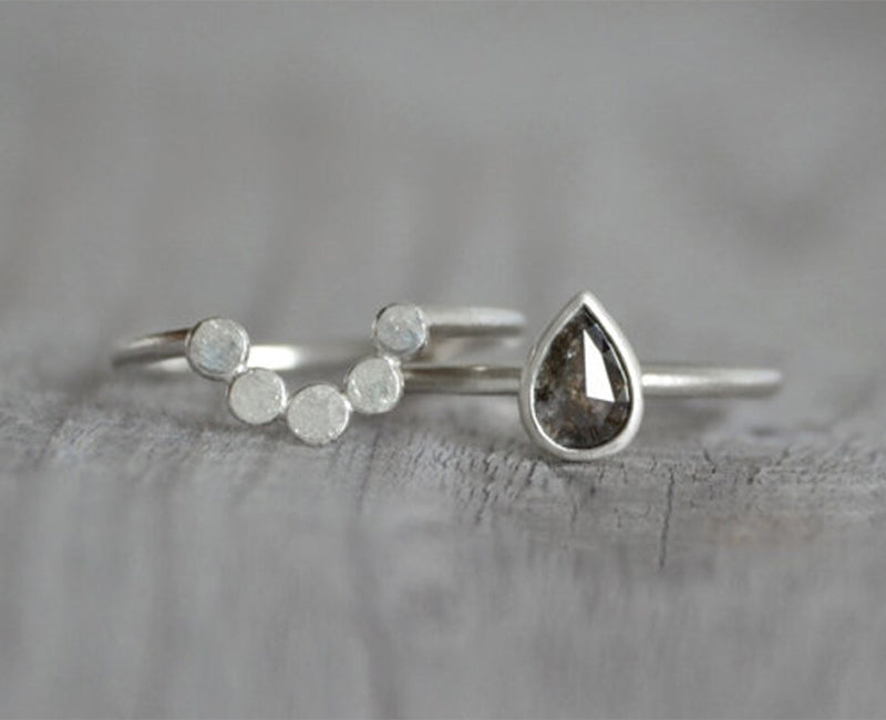 Black Diamond Bridal Ring Set, Diamond Engagement Ring with Contour Wedding Ring