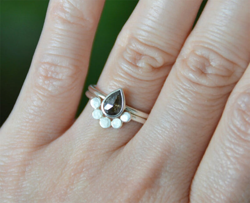 Black Diamond Bridal Ring Set, Diamond Engagement Ring with Contour Wedding Ring