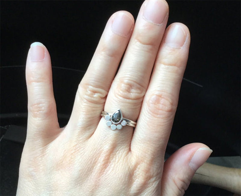 Black Diamond Bridal Ring Set, Diamond Engagement Ring with Contour Wedding Ring