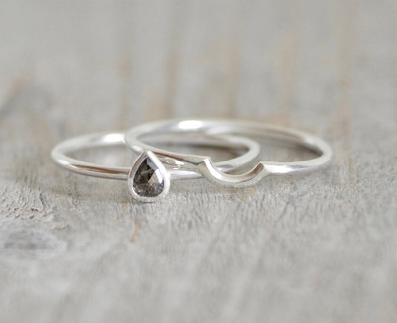 Black Diamond Engagement Ring with Matching Contour Wedding Ring