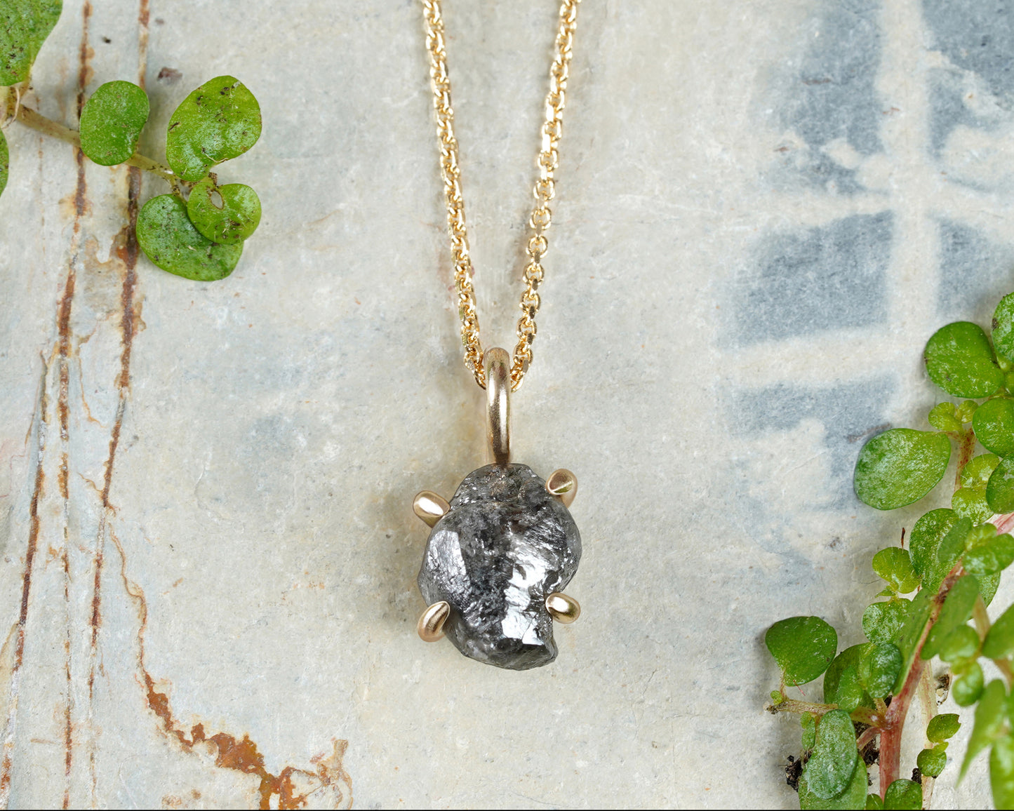 1.5ct Rough Black Diamond Necklace in 14k Yellow Gold
