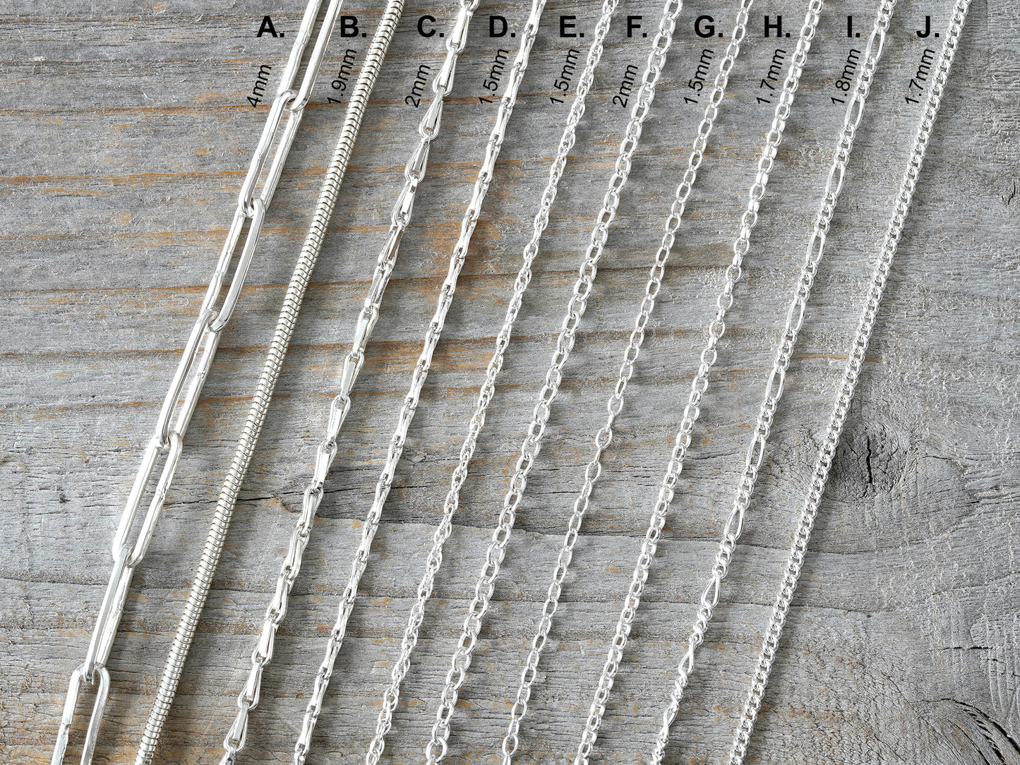 Sterling Silver Chain Bracelet, Paper Clip, Snake, Barleycorn, Rope, Trace and Curb