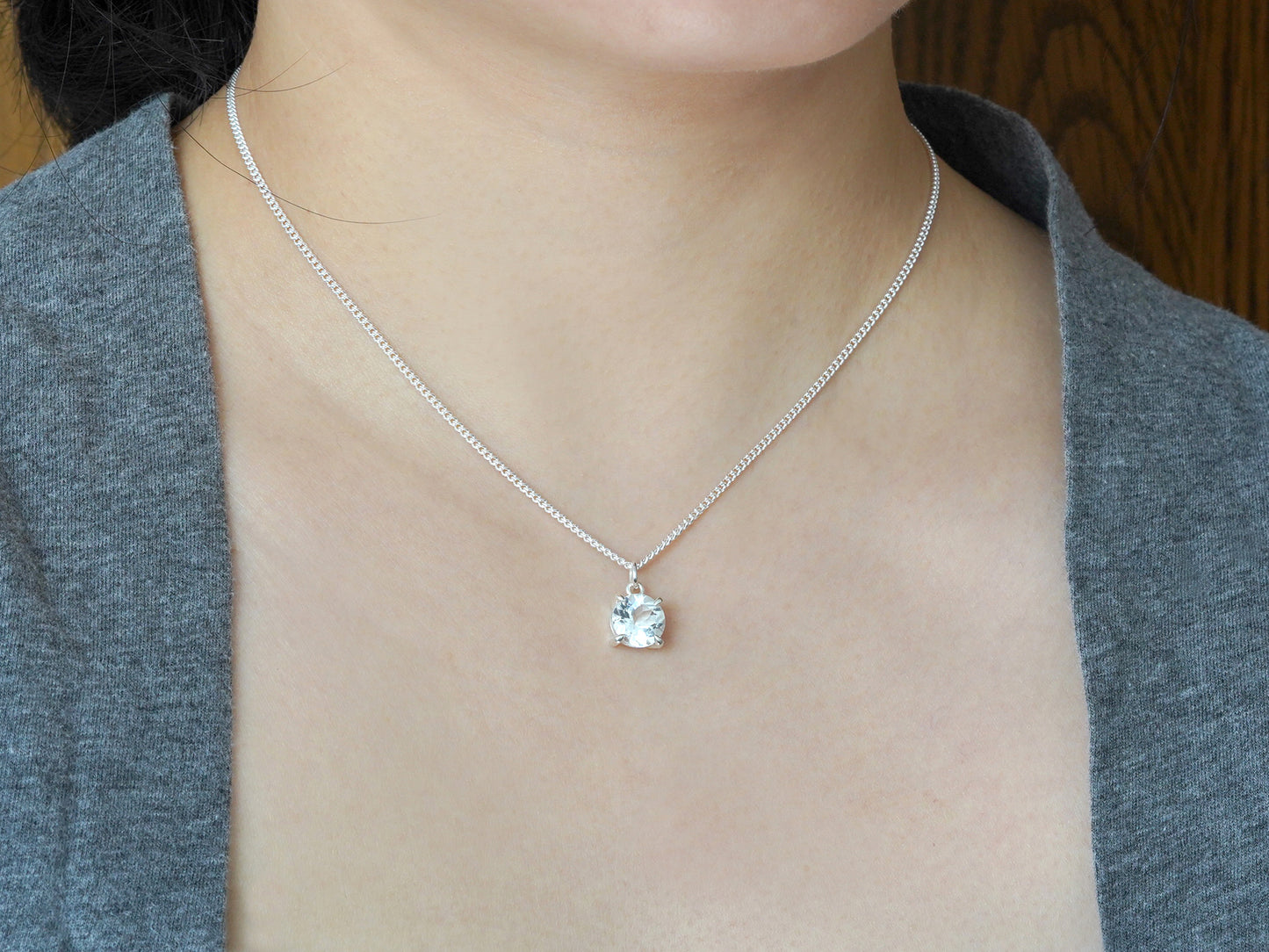 8.5mm Large Clear Topaz Necklace in Sterling Silver, Prong Set Topaz Necklace