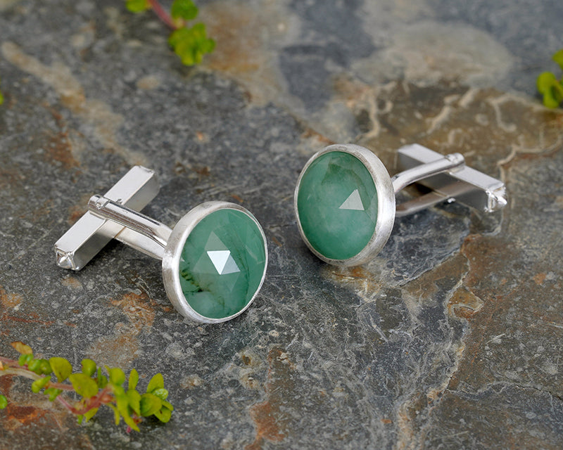 8.4ct Emerald Cufflinks in Sterling Silver, One of a Kind Cufflinks, Gemstone Cufflinks