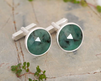 9ct Natural Emerald Cufflinks in Sterling Silver