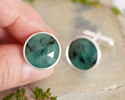 9ct Natural Emerald Cufflinks in Sterling Silver