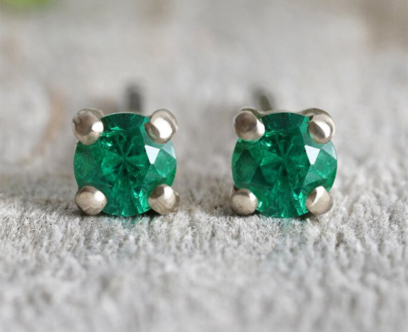 Emerald Stud Earrings in 18ct White Gold, Small Emerald Ear Posts