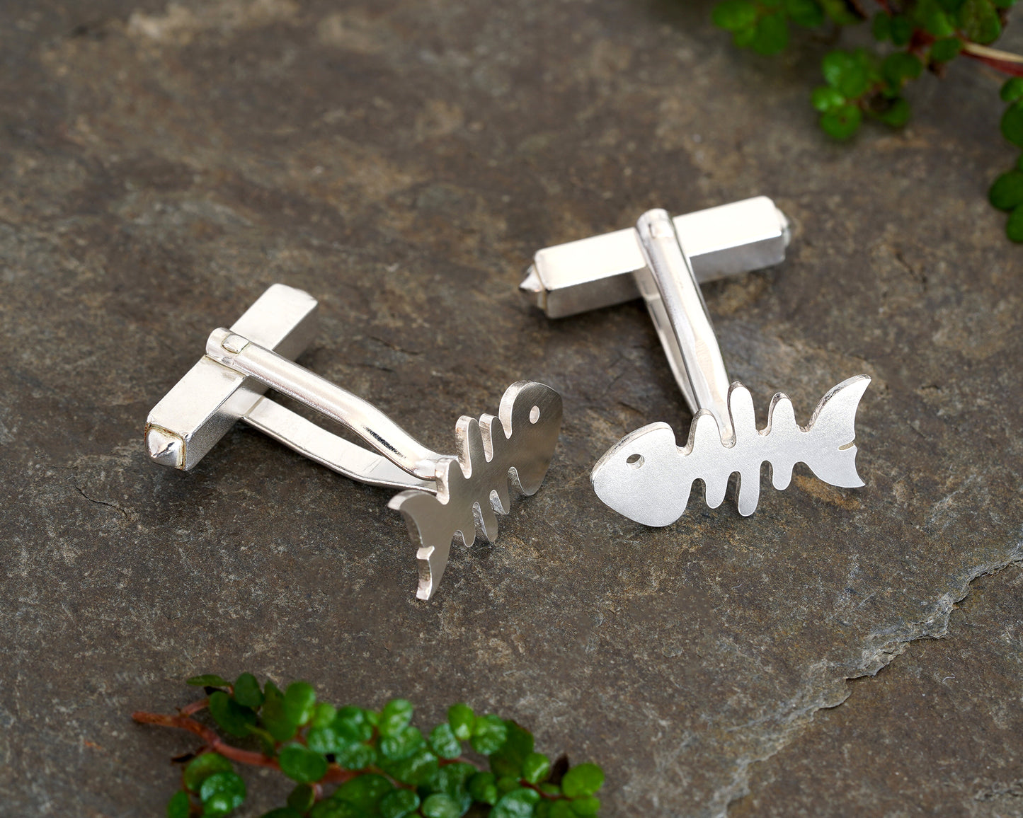 Fish Bone Cufflinks in Solid Sterling Silver
