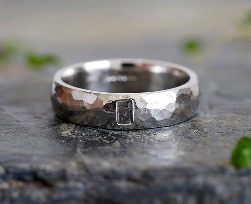 Hammered Effect Platinum Wedding Band with A Salt & Pepper Baguette Diamond