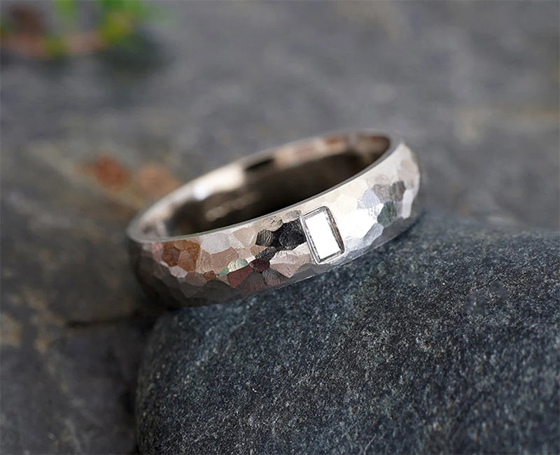 Hammered Effect Platinum Wedding Band with A Salt & Pepper Baguette Diamond