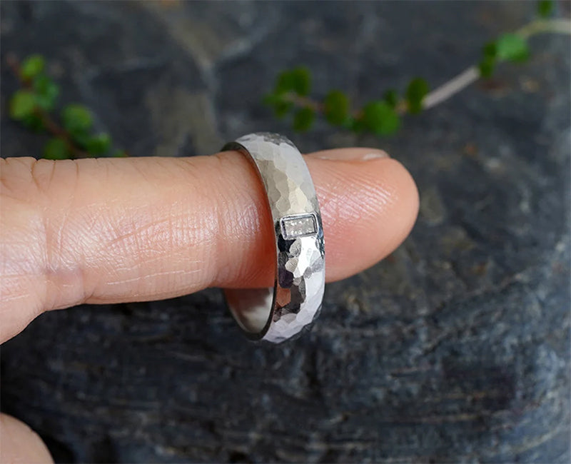 Hammered Effect Platinum Wedding Band with A Salt & Pepper Baguette Diamond