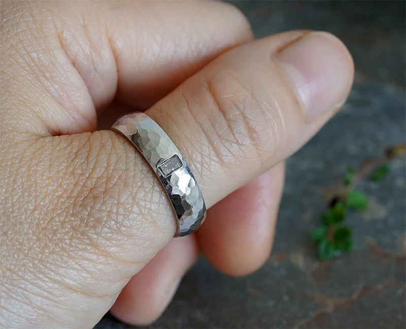 Hammered Effect Platinum Wedding Band with A Salt & Pepper Baguette Diamond