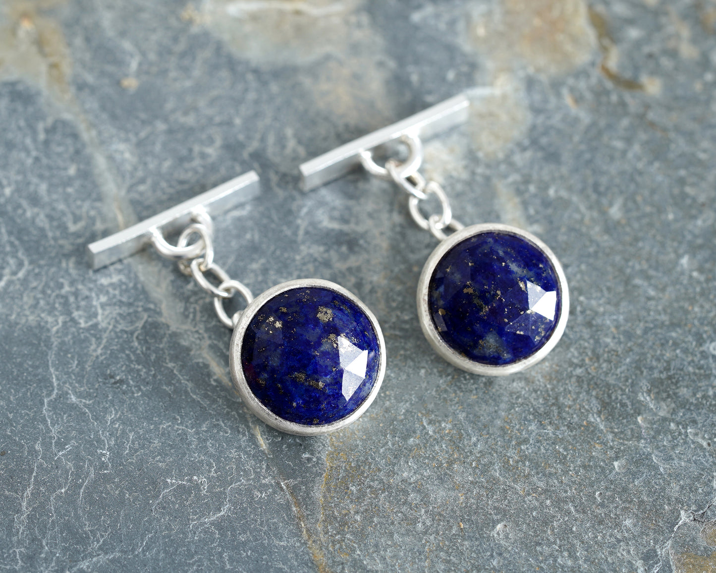 Round Lapis Lazuli Chain Cufflinks in Sterling Silver