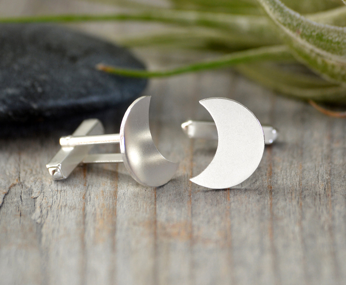 Moon Shape Cufflinks in Sterling Silver, Personalized Moon Shape Cufflink