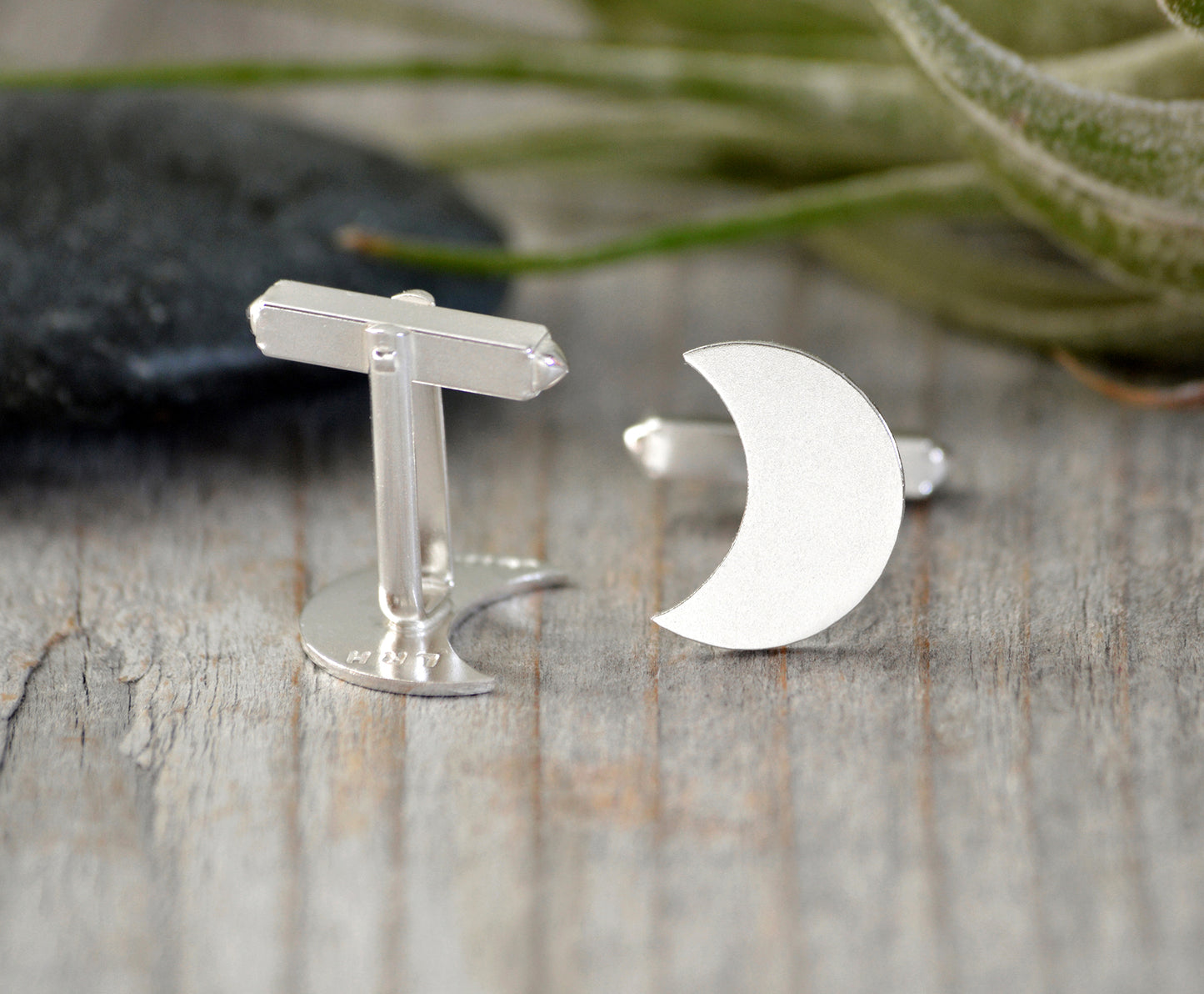 Moon Shape Cufflinks in Sterling Silver, Personalized Moon Shape Cufflink