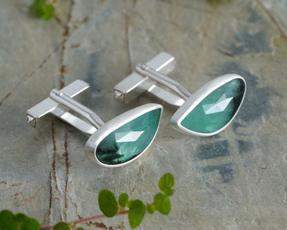 5.9ct Natural Emerald Cufflinks in Sterling Silver