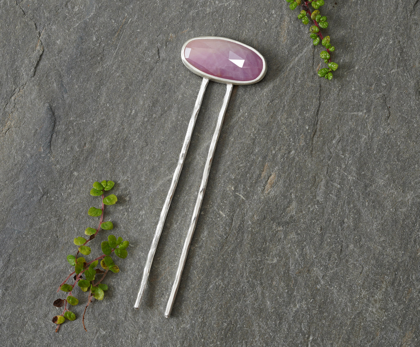 Natural Pink Sapphire Hair Pin in Sterling Silver