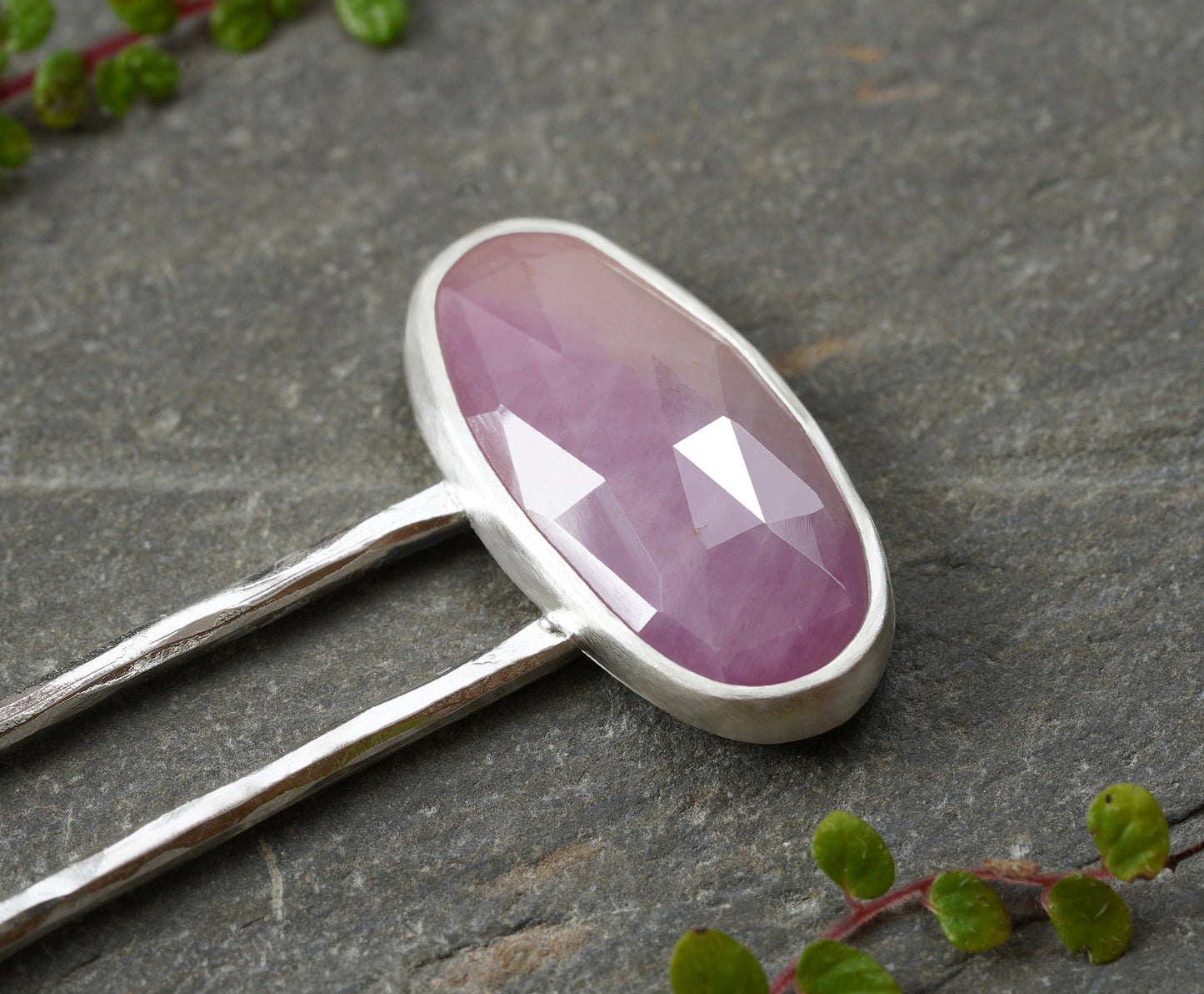 Natural Pink Sapphire Hair Pin in Sterling Silver