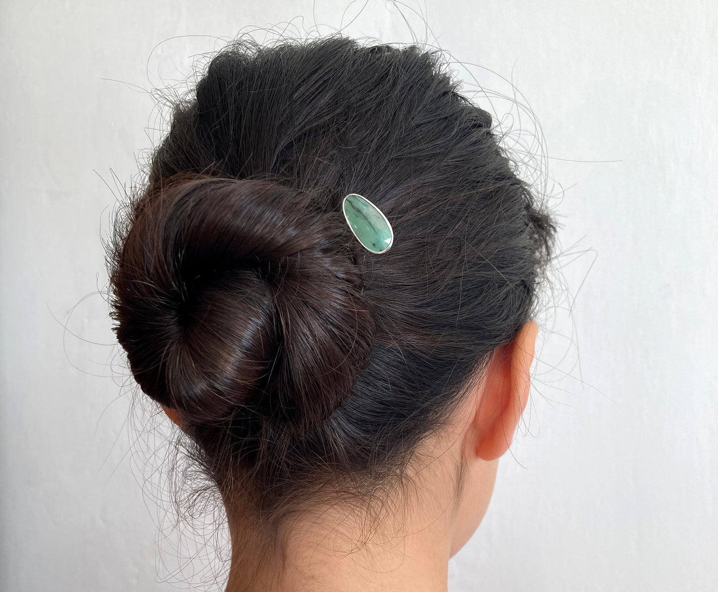 Oval Emerald Hair Stick in Solid Sterling Silver