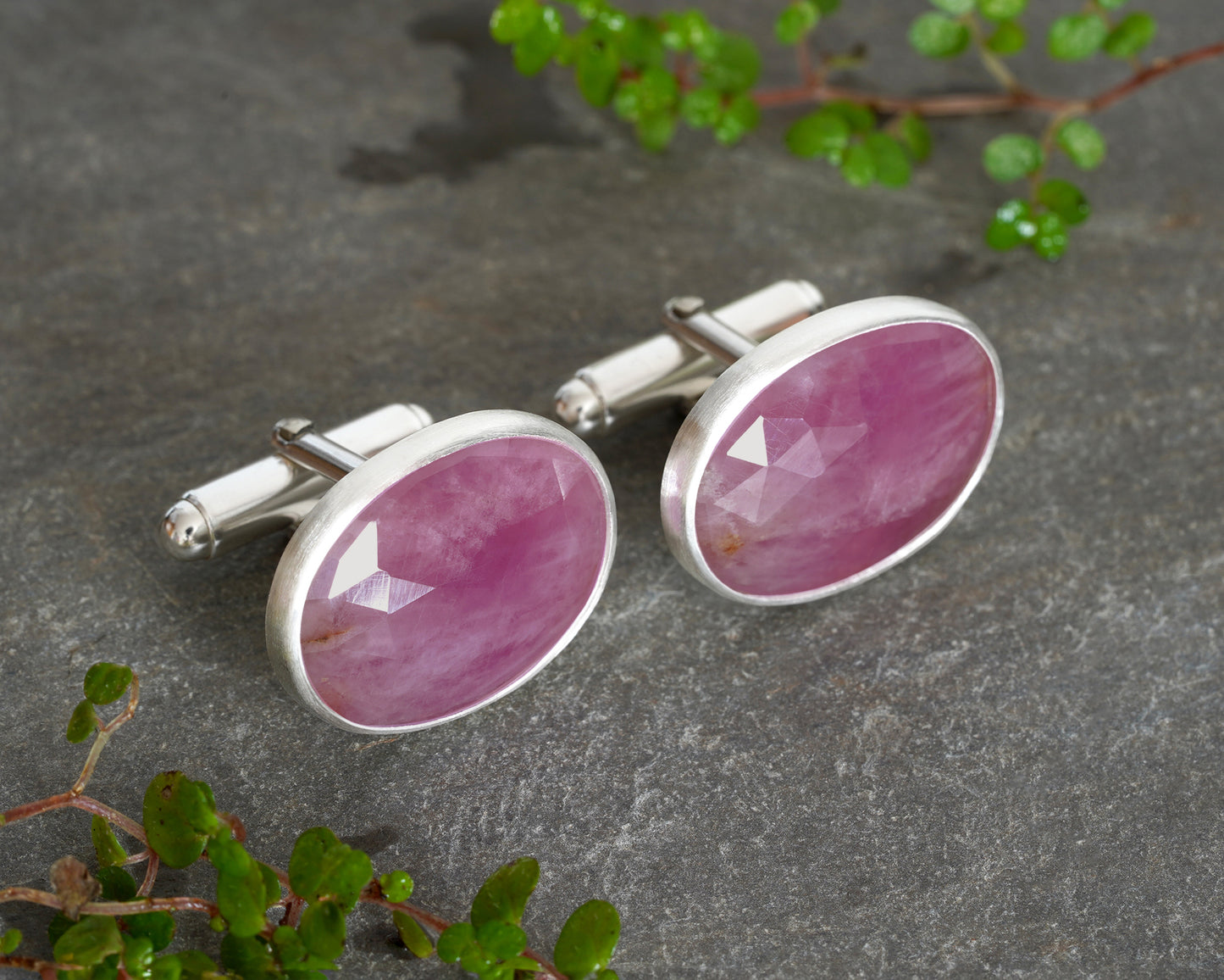 28.5ct Natural Pink Sapphire Cufflinks in Sterling Silver