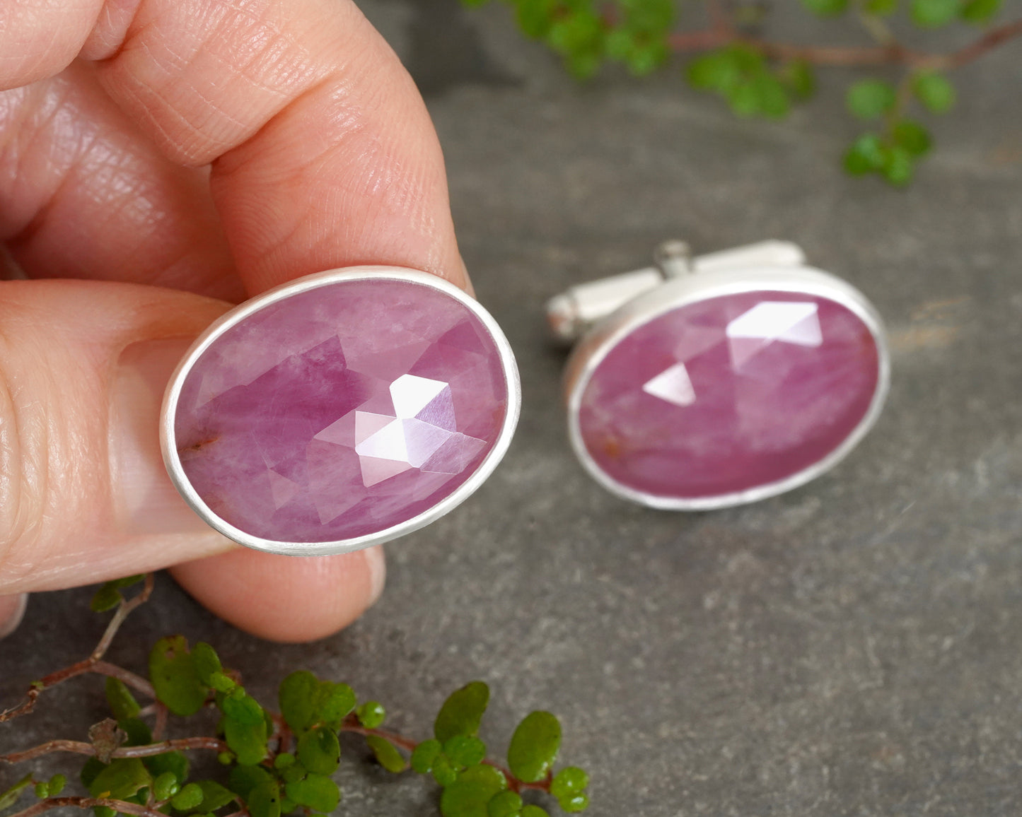 28.5ct Natural Pink Sapphire Cufflinks in Sterling Silver
