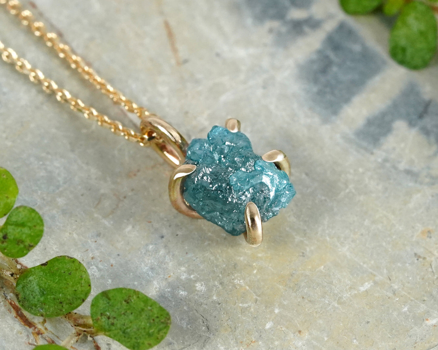 1.55ct Rough Blue Diamond Necklace in 14k Yellow Gold