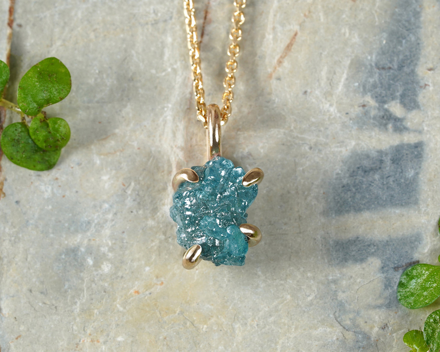 1.55ct Rough Blue Diamond Necklace in 14k Yellow Gold