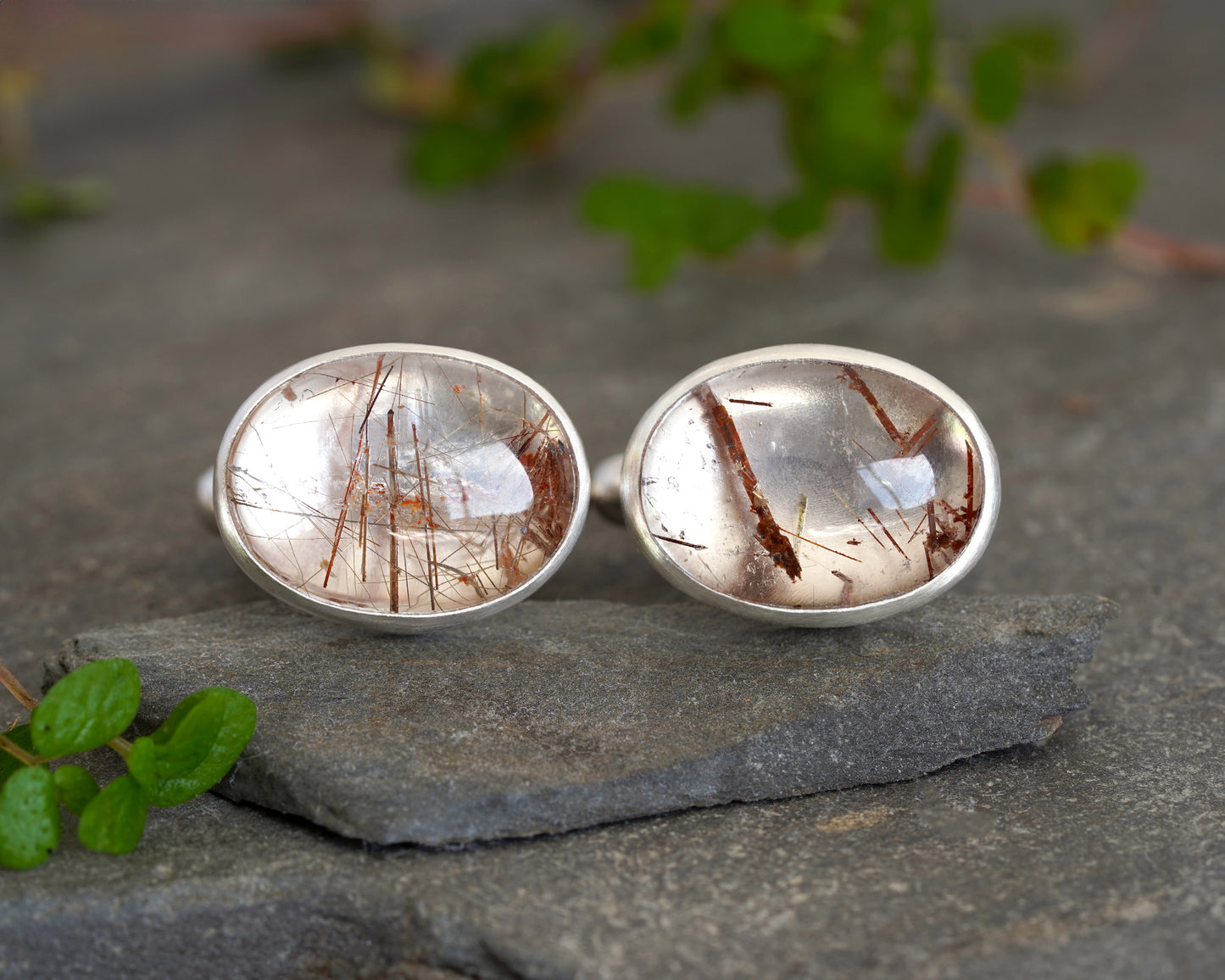 Oval Rutilated Quartz Cufflinks in Solid Sterling Silver