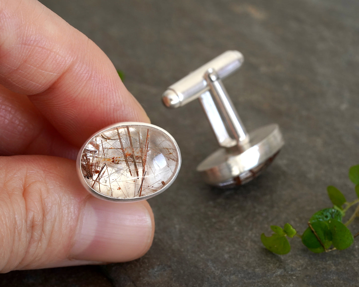 Oval Rutilated Quartz Cufflinks in Solid Sterling Silver