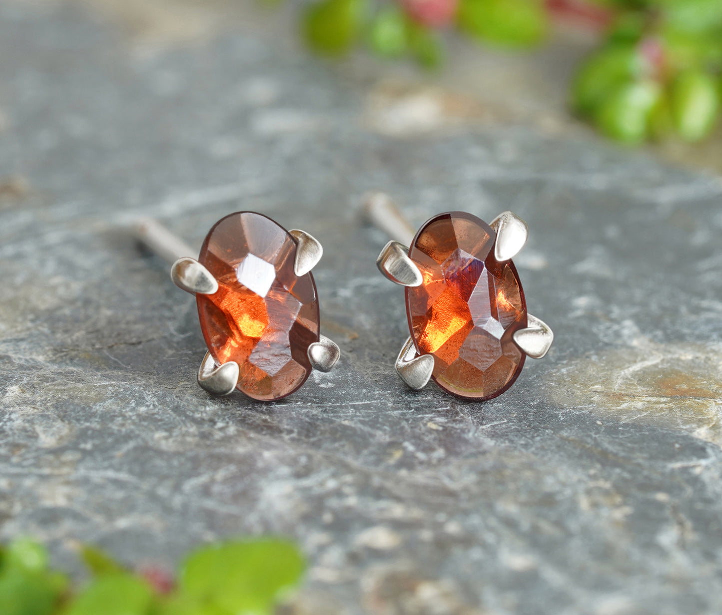 Oval Garnet Stud Earrings in Sterling Silver