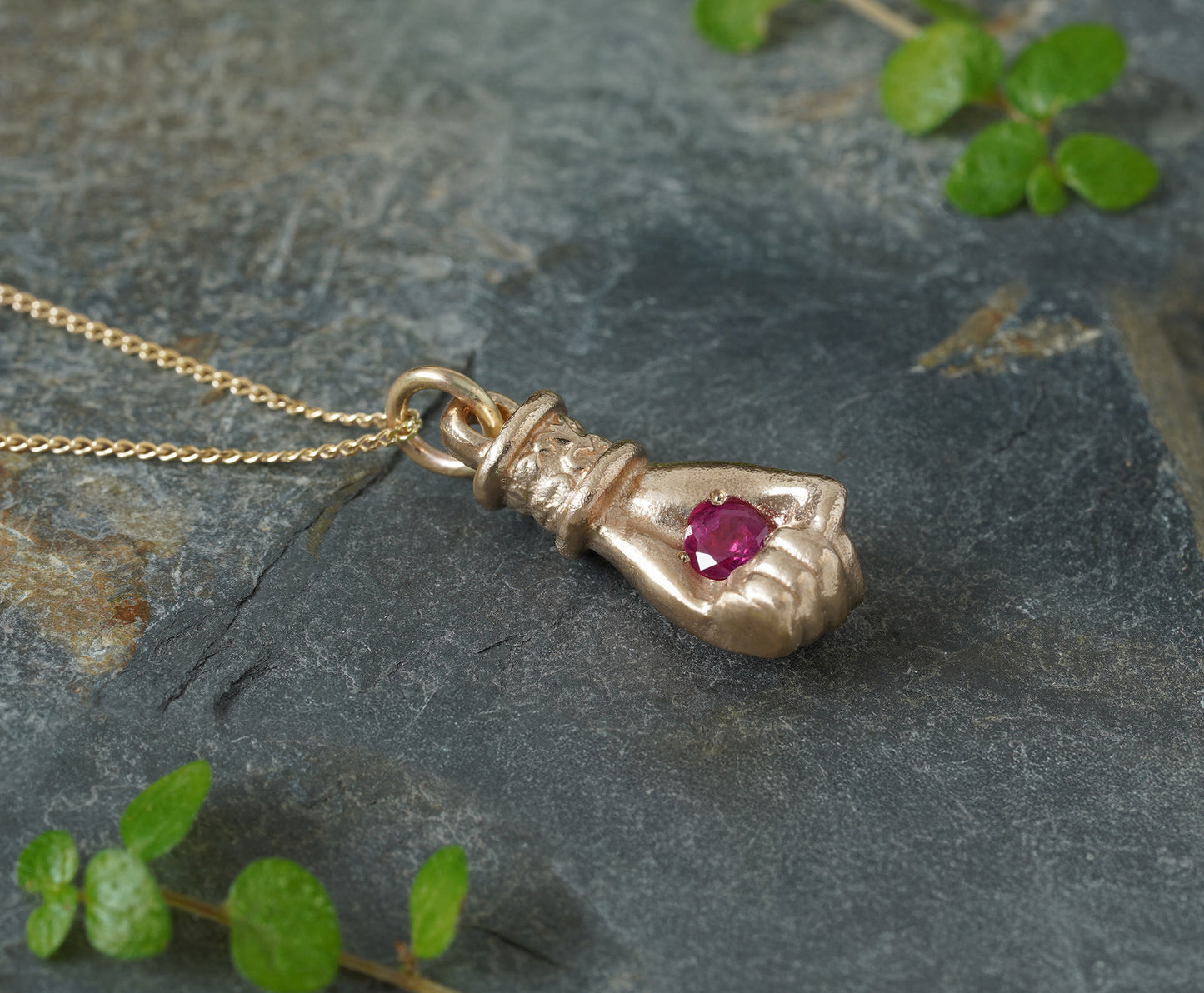 Solid Yellow Gold or Solid Sterling Silver Hand Pendant with Ruby