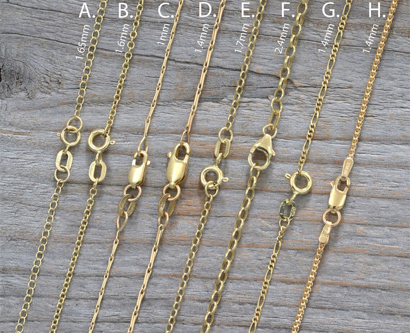Solid 9k Yellow Gold Chain, Trace, Barleycorn, Belcher, Figaro and Franco